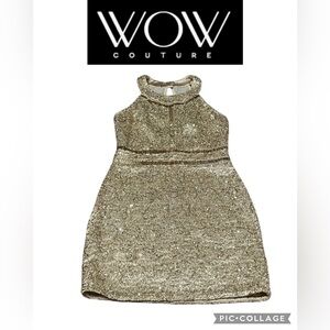 WOW Couture Gold Mini Dress Sleeveless Mock Neck